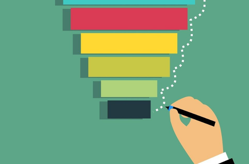 Carton of a hand holding a pencil with a sales funnel